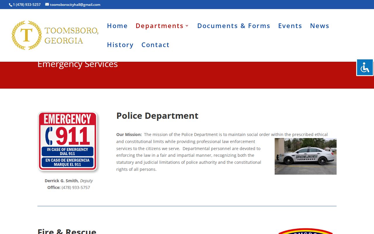 Official Toomsboro emergency services page with Police Department contact